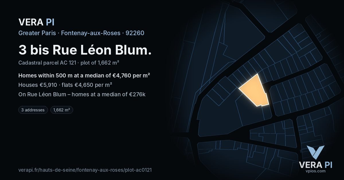3 bis Rue Léon Blum, Fontenay-aux-Roses at night – the plot lit, the parcels around coloured by the prices near them