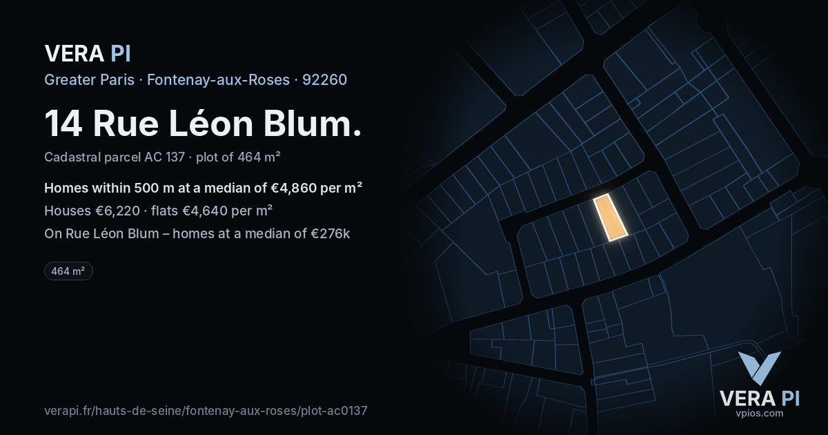 14 Rue Léon Blum, Fontenay-aux-Roses at night – the plot lit, the parcels around coloured by the prices near them