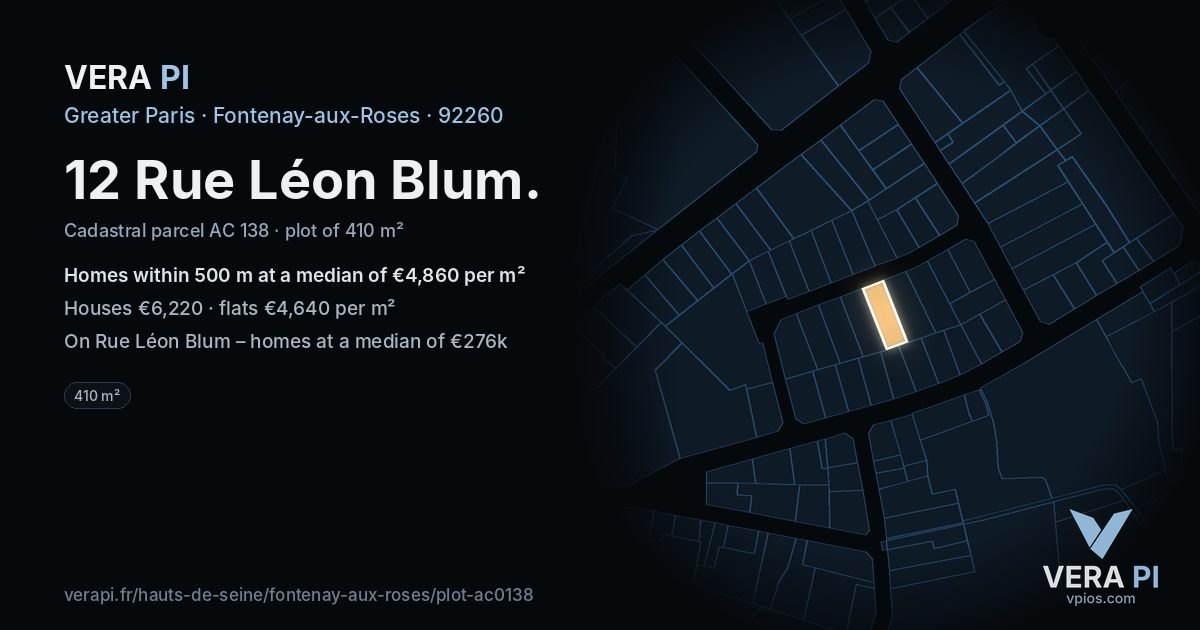 12 Rue Léon Blum, Fontenay-aux-Roses at night – the plot lit, the parcels around coloured by the prices near them