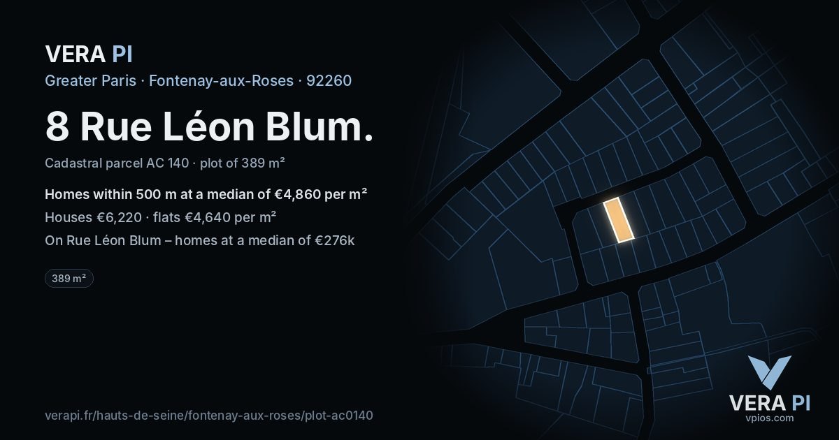 8 Rue Léon Blum, Fontenay-aux-Roses at night – the plot lit, the parcels around coloured by the prices near them
