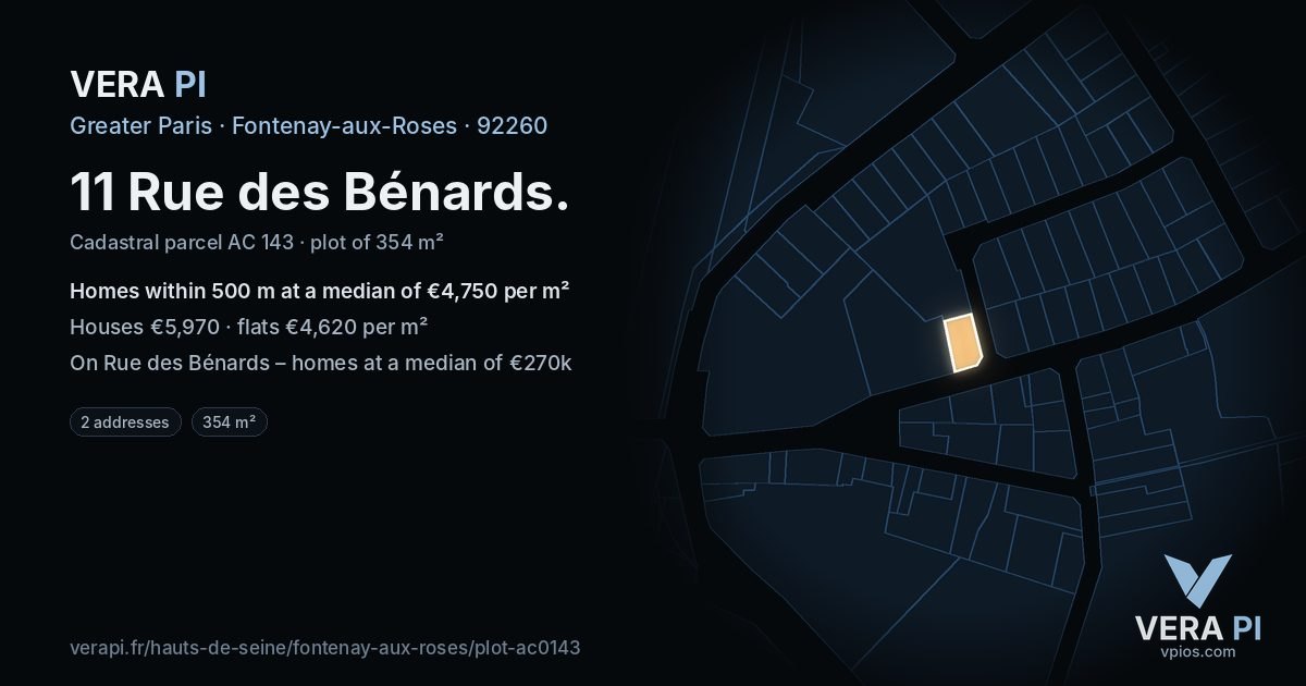 11 Rue des Bénards, Fontenay-aux-Roses at night – the plot lit, the parcels around coloured by the prices near them