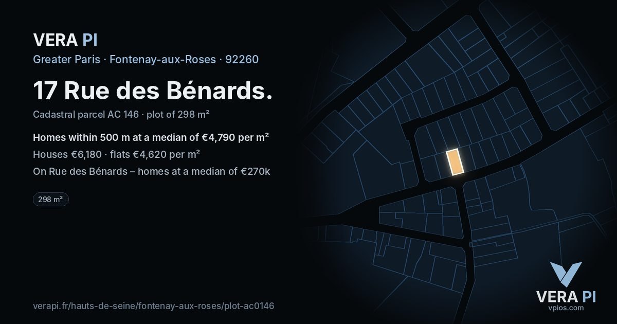 17 Rue des Bénards, Fontenay-aux-Roses at night – the plot lit, the parcels around coloured by the prices near them