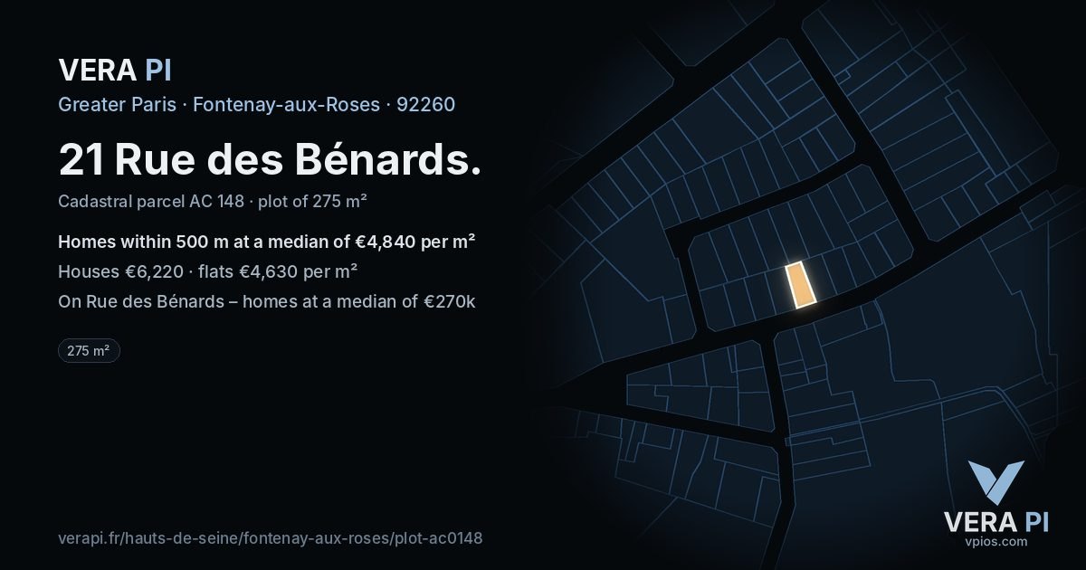 21 Rue des Bénards, Fontenay-aux-Roses at night – the plot lit, the parcels around coloured by the prices near them