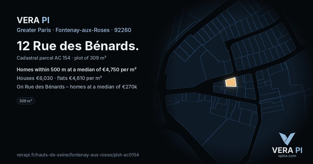 12 Rue des Bénards, Fontenay-aux-Roses at night – the plot lit, the parcels around coloured by the prices near them