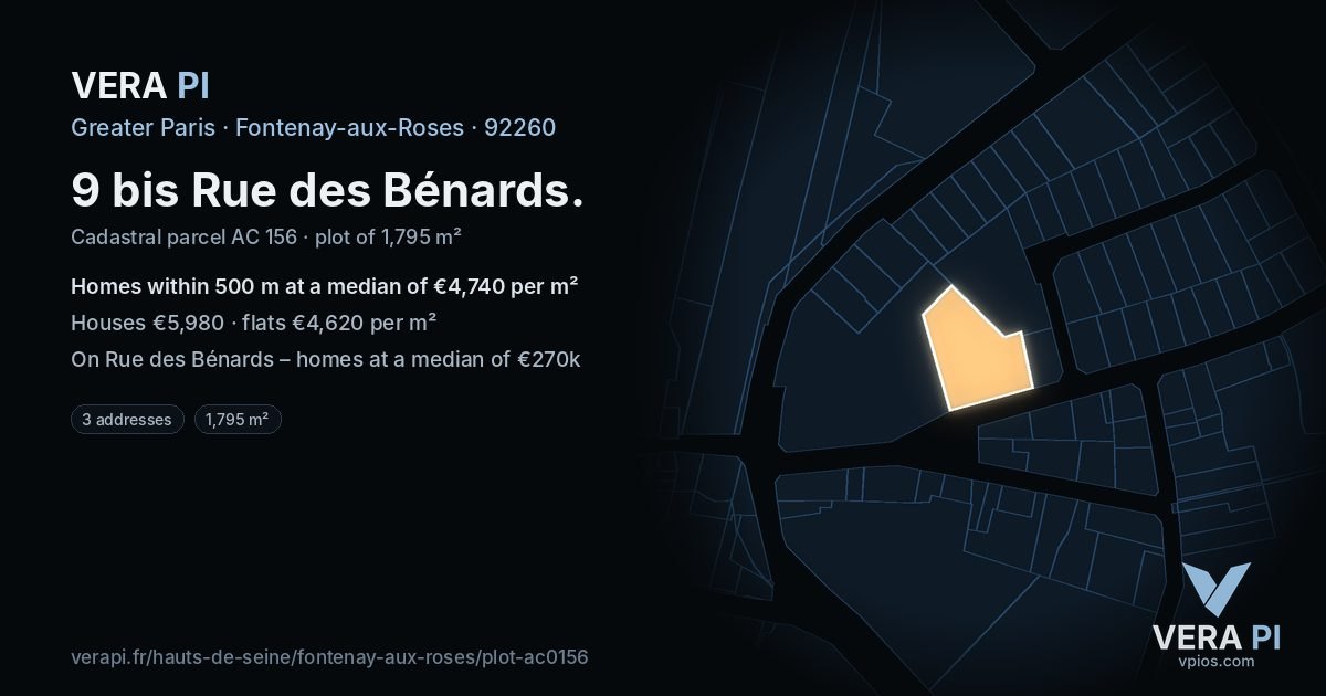 9 bis Rue des Bénards, Fontenay-aux-Roses at night – the plot lit, the parcels around coloured by the prices near them