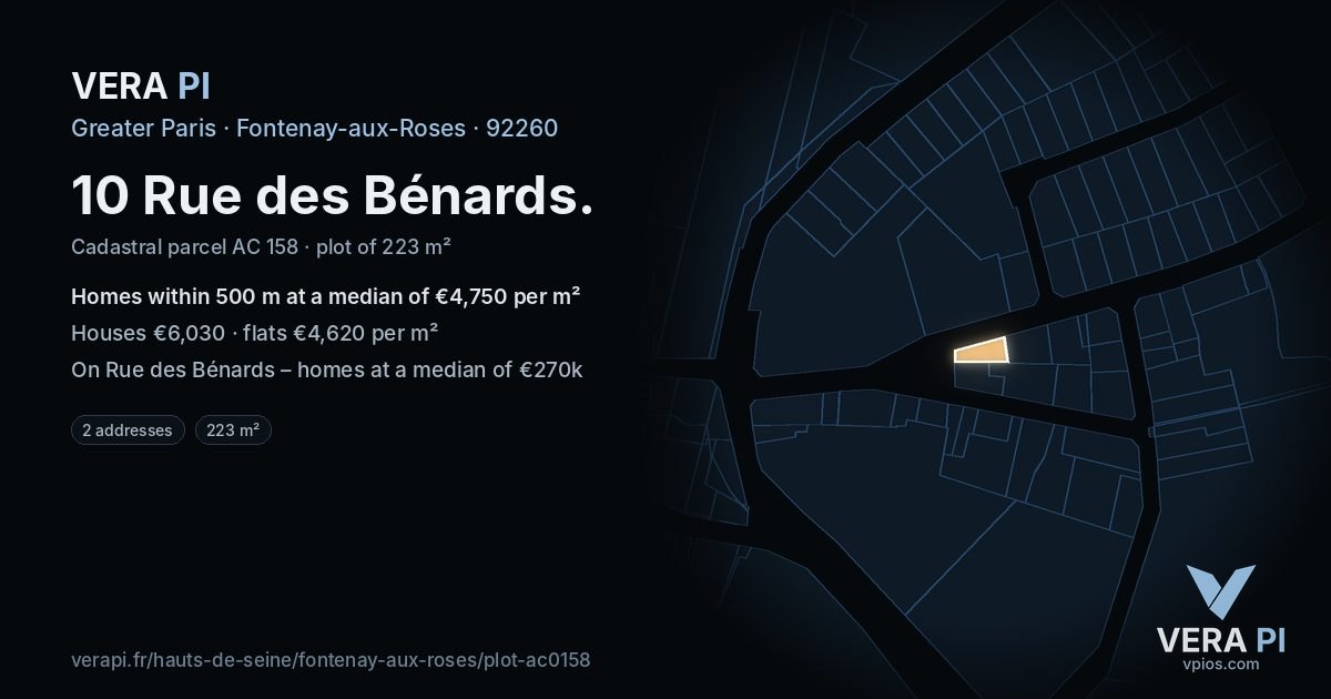 10 Rue des Bénards, Fontenay-aux-Roses at night – the plot lit, the parcels around coloured by the prices near them