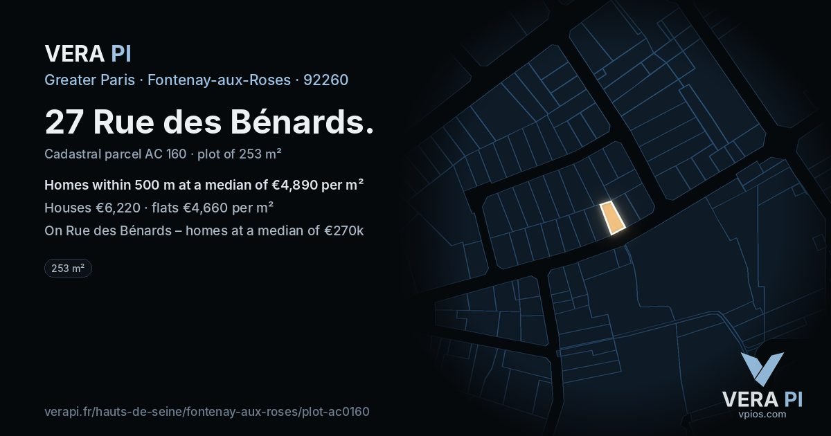 27 Rue des Bénards, Fontenay-aux-Roses at night – the plot lit, the parcels around coloured by the prices near them