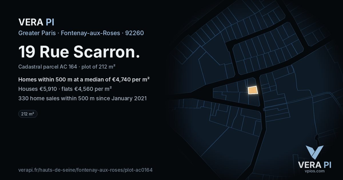 19 Rue Scarron, Fontenay-aux-Roses at night – the plot lit, the parcels around coloured by the prices near them