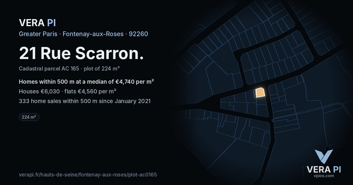 21 Rue Scarron, Fontenay-aux-Roses at night – the plot lit, the parcels around coloured by the prices near them