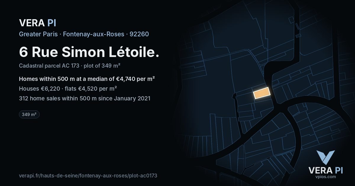 6 Rue Simon Létoile, Fontenay-aux-Roses at night – the plot lit, the parcels around coloured by the prices near them