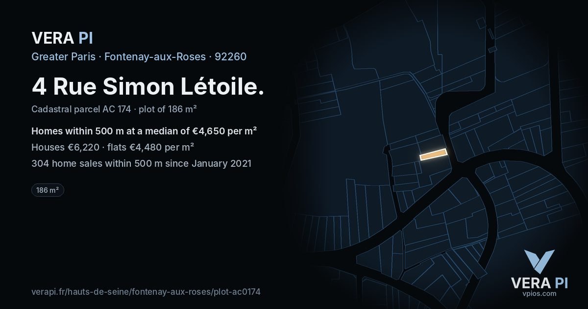 4 Rue Simon Létoile, Fontenay-aux-Roses at night – the plot lit, the parcels around coloured by the prices near them