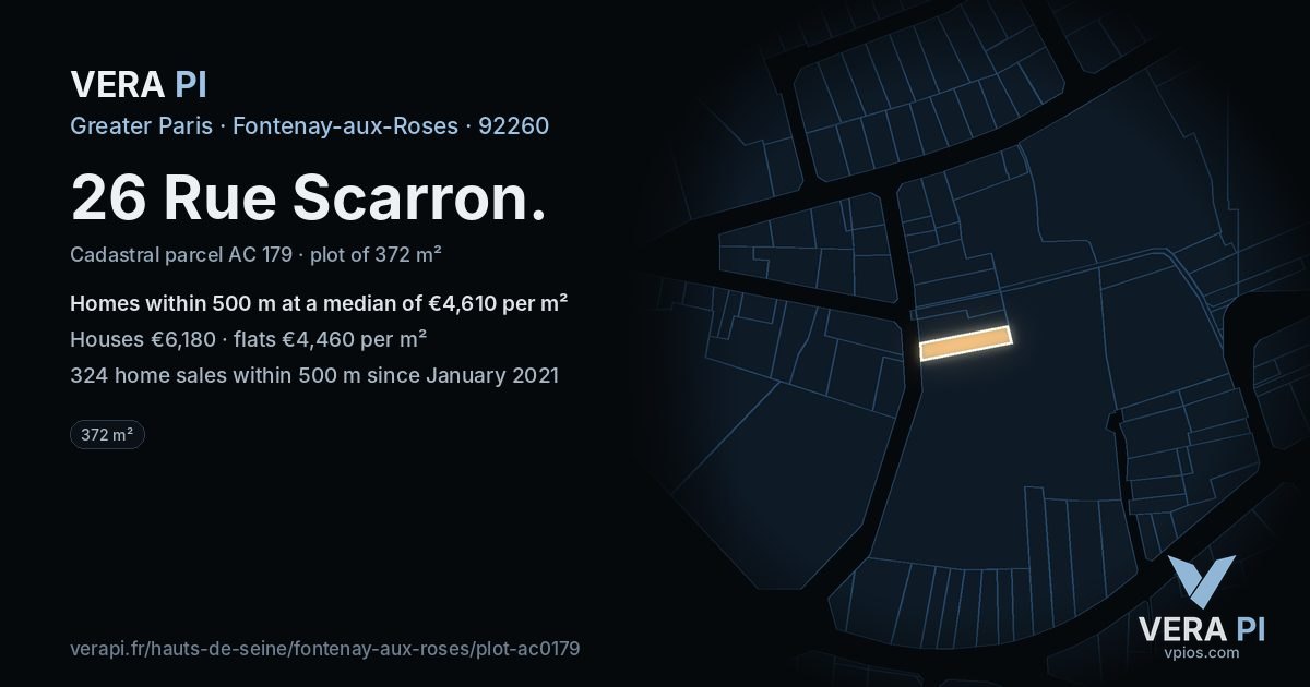 26 Rue Scarron, Fontenay-aux-Roses at night – the plot lit, the parcels around coloured by the prices near them