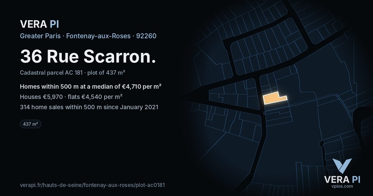 36 Rue Scarron, Fontenay-aux-Roses at night – the plot lit, the parcels around coloured by the prices near them