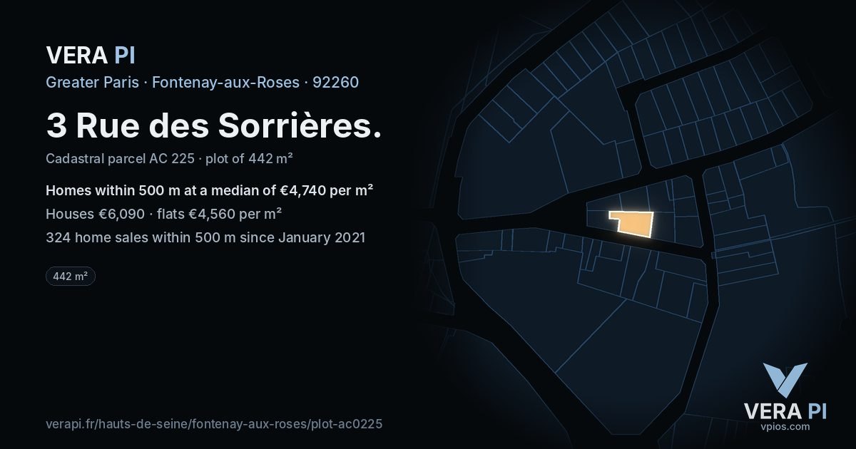 3 Rue des Sorrières, Fontenay-aux-Roses at night – the plot lit, the parcels around coloured by the prices near them