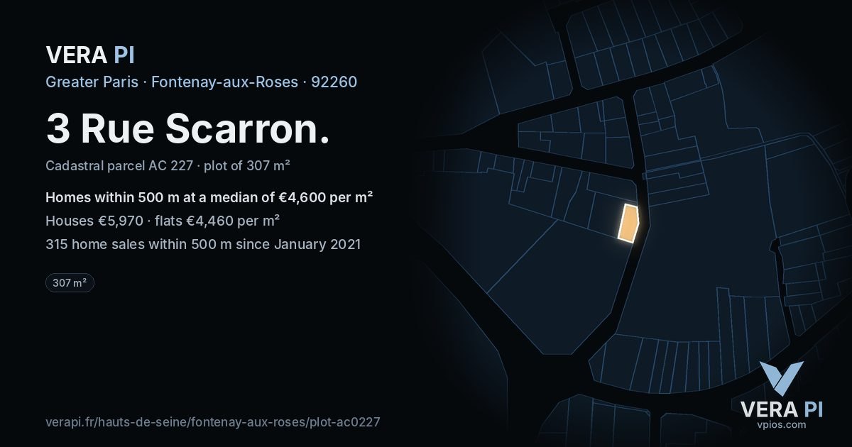 3 Rue Scarron, Fontenay-aux-Roses at night – the plot lit, the parcels around coloured by the prices near them