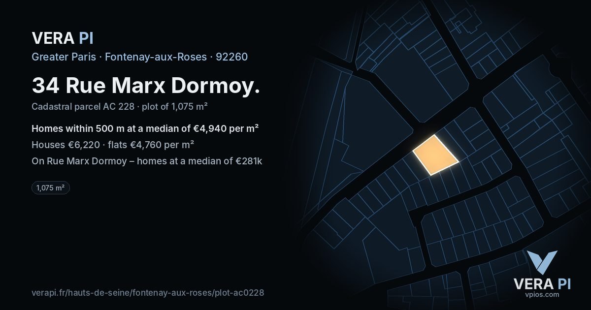 34 Rue Marx Dormoy, Fontenay-aux-Roses at night – the plot lit, the parcels around coloured by the prices near them