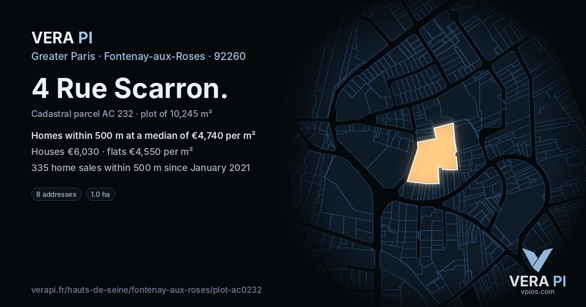 4 Rue Scarron, Fontenay-aux-Roses at night – the plot lit, the parcels around coloured by the prices near them