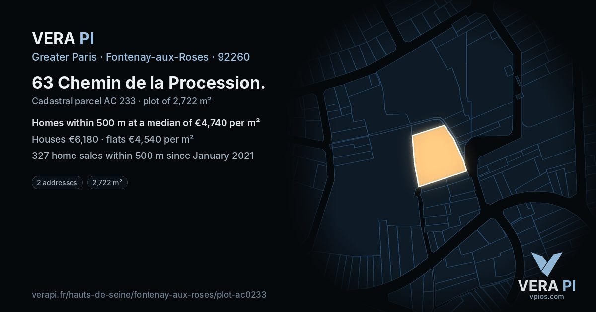 63 Chemin de la Procession, Fontenay-aux-Roses at night – the plot lit, the parcels around coloured by the prices near them