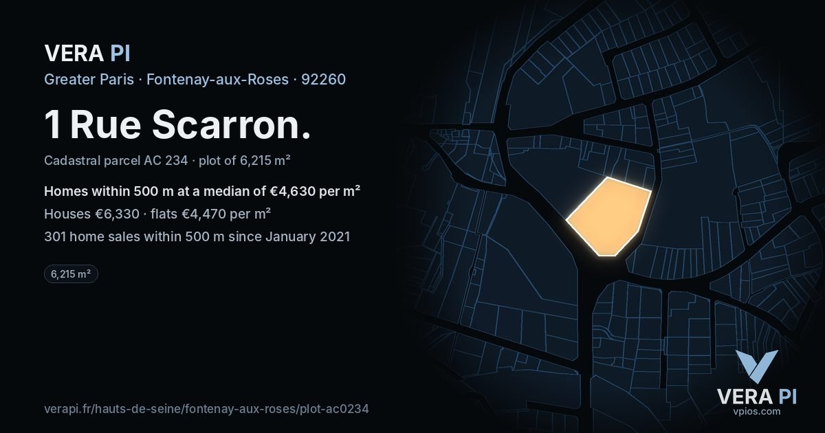 1 Rue Scarron, Fontenay-aux-Roses at night – the plot lit, the parcels around coloured by the prices near them