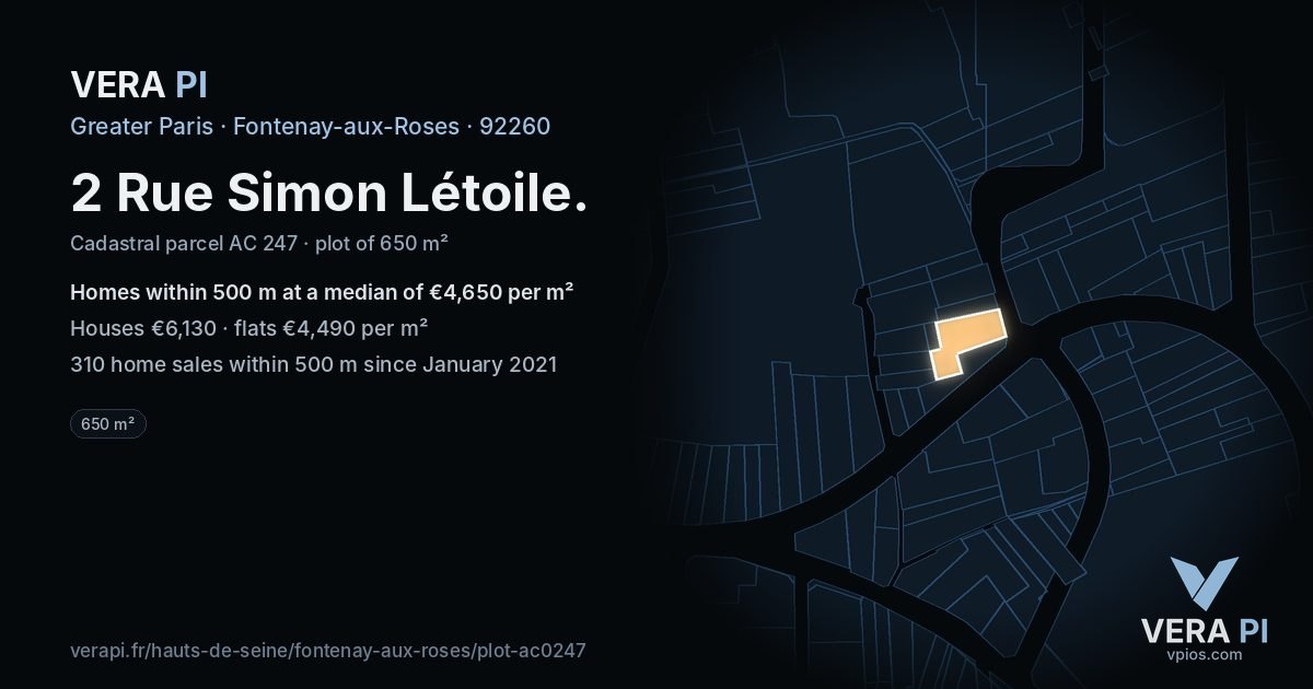 2 Rue Simon Létoile, Fontenay-aux-Roses at night – the plot lit, the parcels around coloured by the prices near them