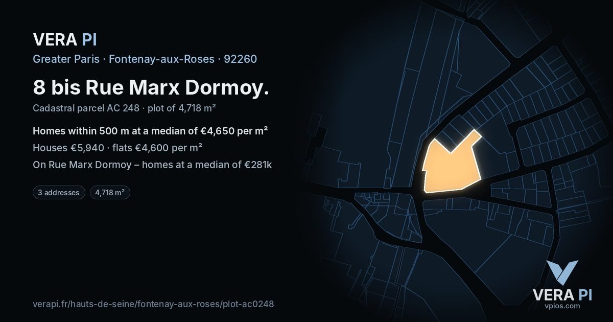 8 bis Rue Marx Dormoy, Fontenay-aux-Roses at night – the plot lit, the parcels around coloured by the prices near them