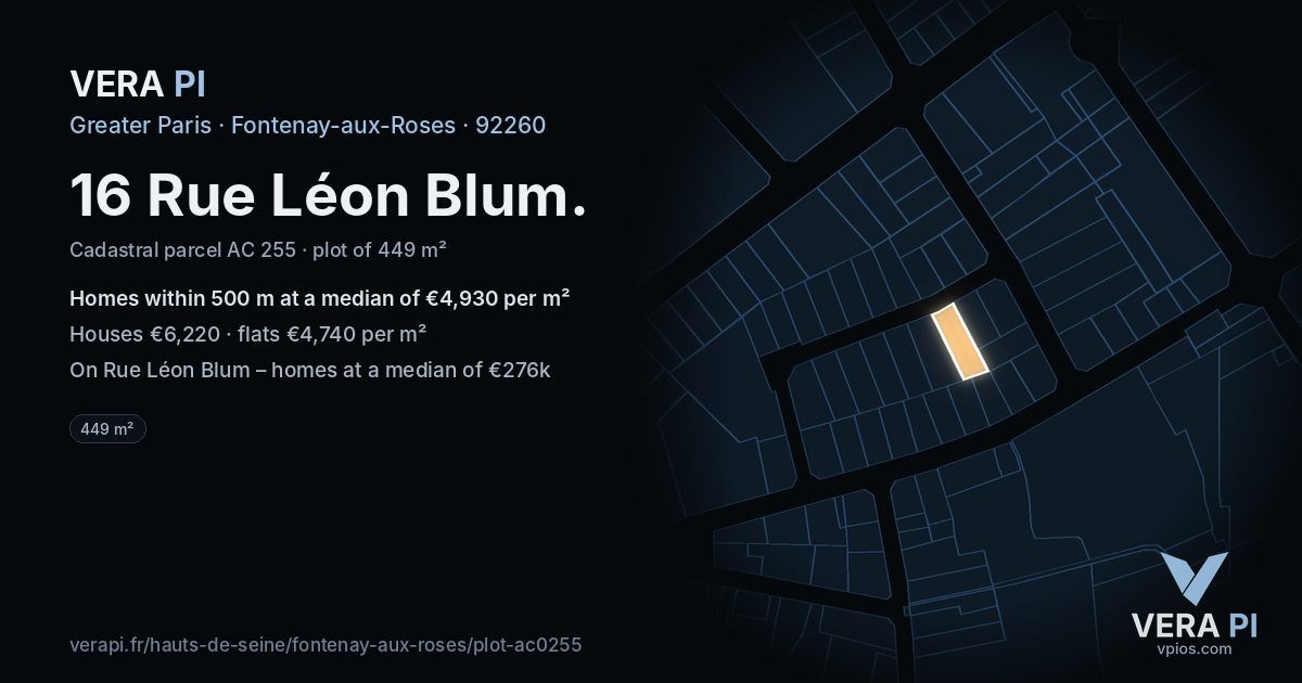 16 Rue Léon Blum, Fontenay-aux-Roses at night – the plot lit, the parcels around coloured by the prices near them