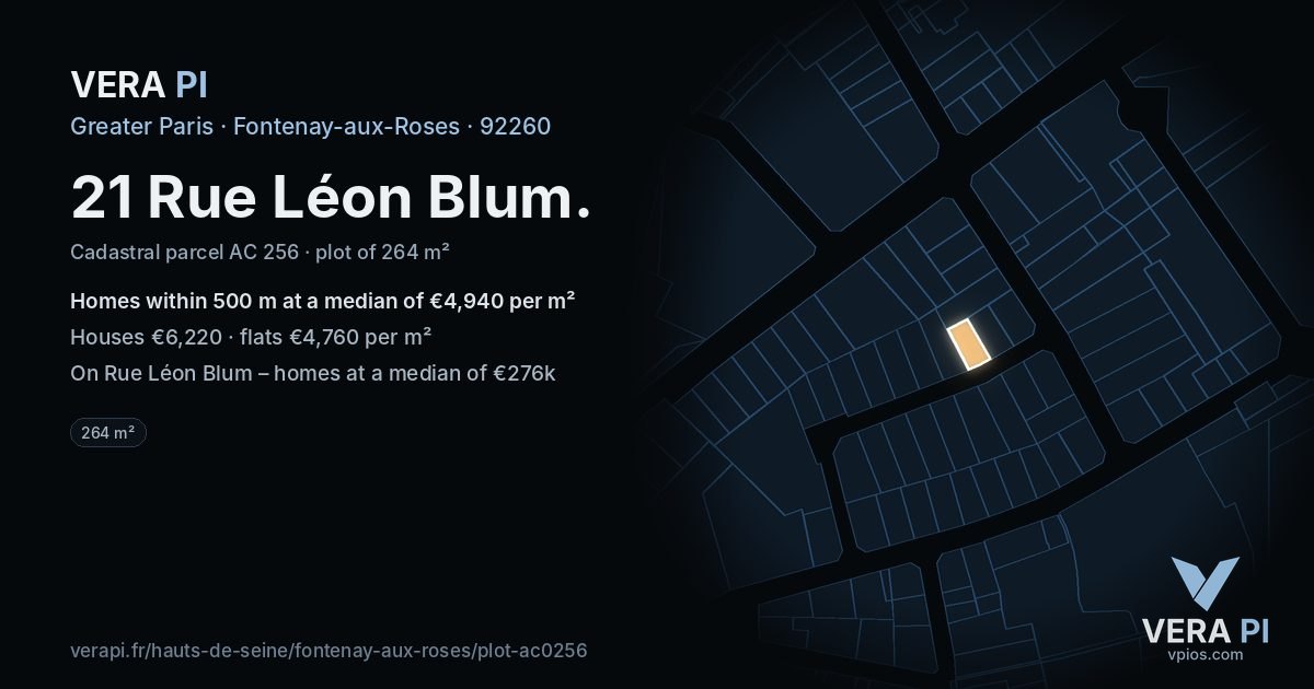 21 Rue Léon Blum, Fontenay-aux-Roses at night – the plot lit, the parcels around coloured by the prices near them