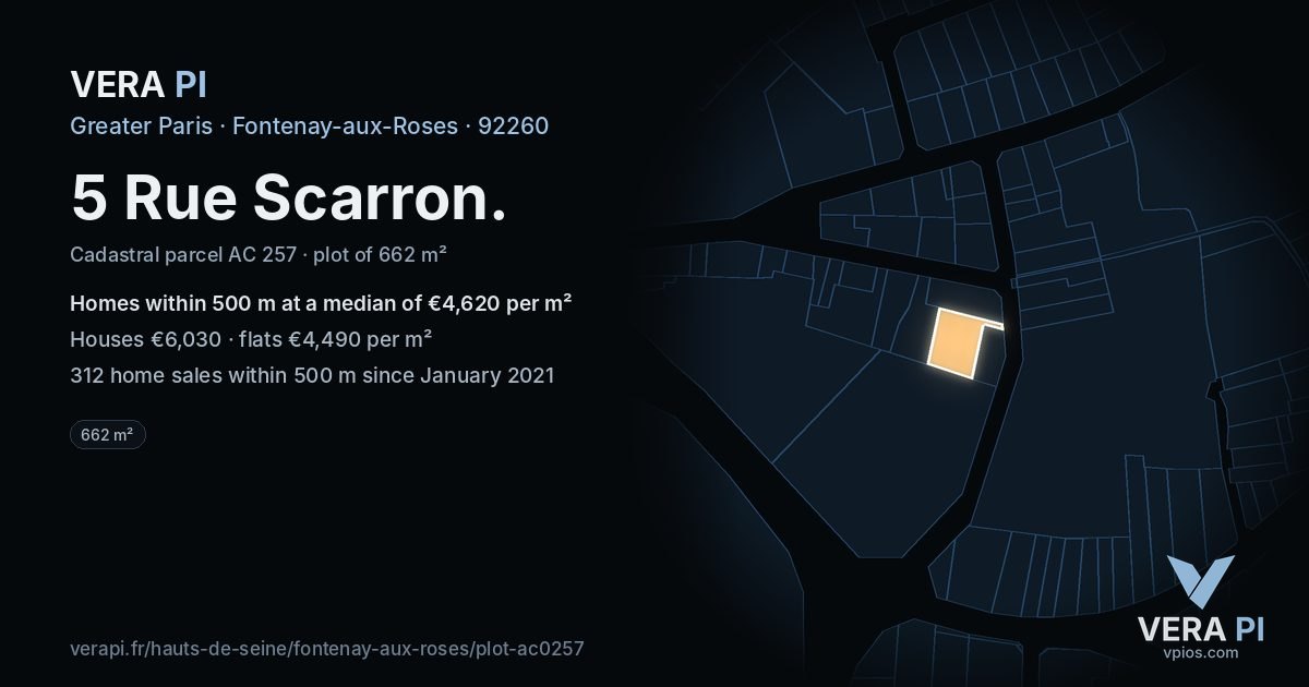 5 Rue Scarron, Fontenay-aux-Roses at night – the plot lit, the parcels around coloured by the prices near them