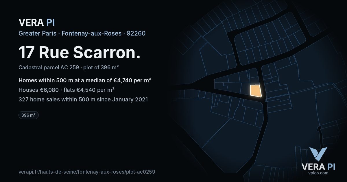 17 Rue Scarron, Fontenay-aux-Roses at night – the plot lit, the parcels around coloured by the prices near them