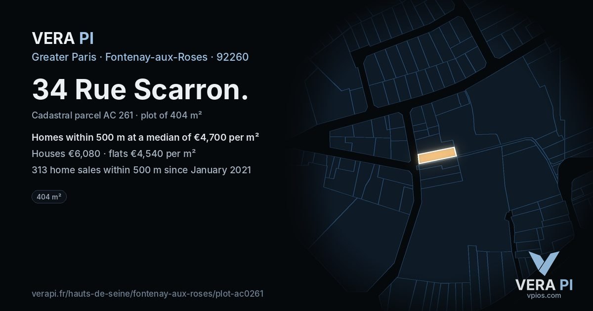 34 Rue Scarron, Fontenay-aux-Roses at night – the plot lit, the parcels around coloured by the prices near them