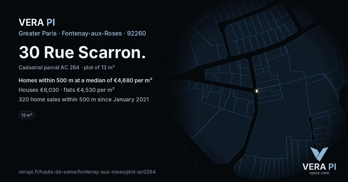 30 Rue Scarron, Fontenay-aux-Roses at night – the plot lit, the parcels around coloured by the prices near them