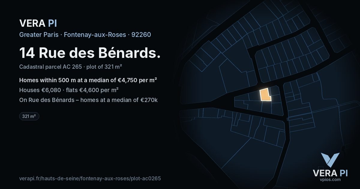 14 Rue des Bénards, Fontenay-aux-Roses at night – the plot lit, the parcels around coloured by the prices near them