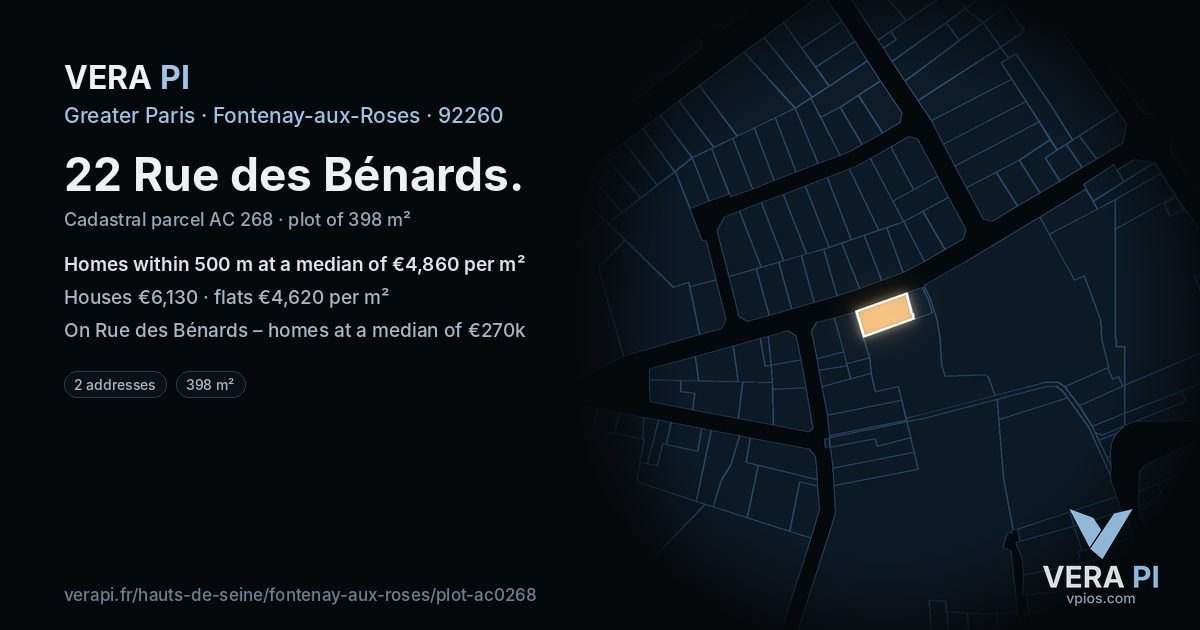 22 Rue des Bénards, Fontenay-aux-Roses at night – the plot lit, the parcels around coloured by the prices near them