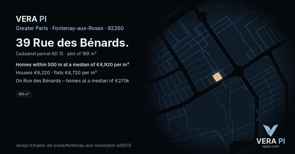 39 Rue des Bénards, Fontenay-aux-Roses at night – the plot lit, the parcels around coloured by the prices near them