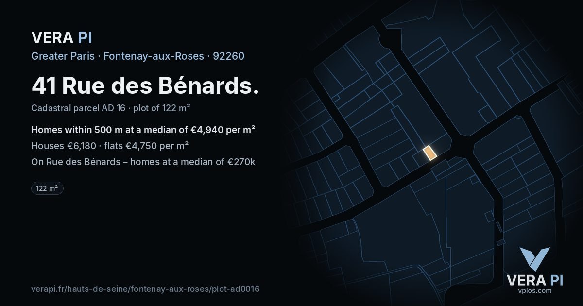41 Rue des Bénards, Fontenay-aux-Roses at night – the plot lit, the parcels around coloured by the prices near them