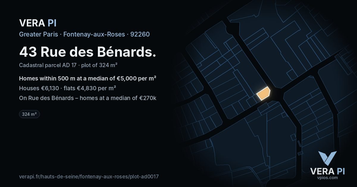 43 Rue des Bénards, Fontenay-aux-Roses at night – the plot lit, the parcels around coloured by the prices near them
