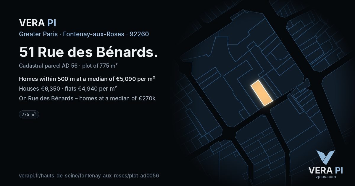 51 Rue des Bénards, Fontenay-aux-Roses at night – the plot lit, the parcels around coloured by the prices near them