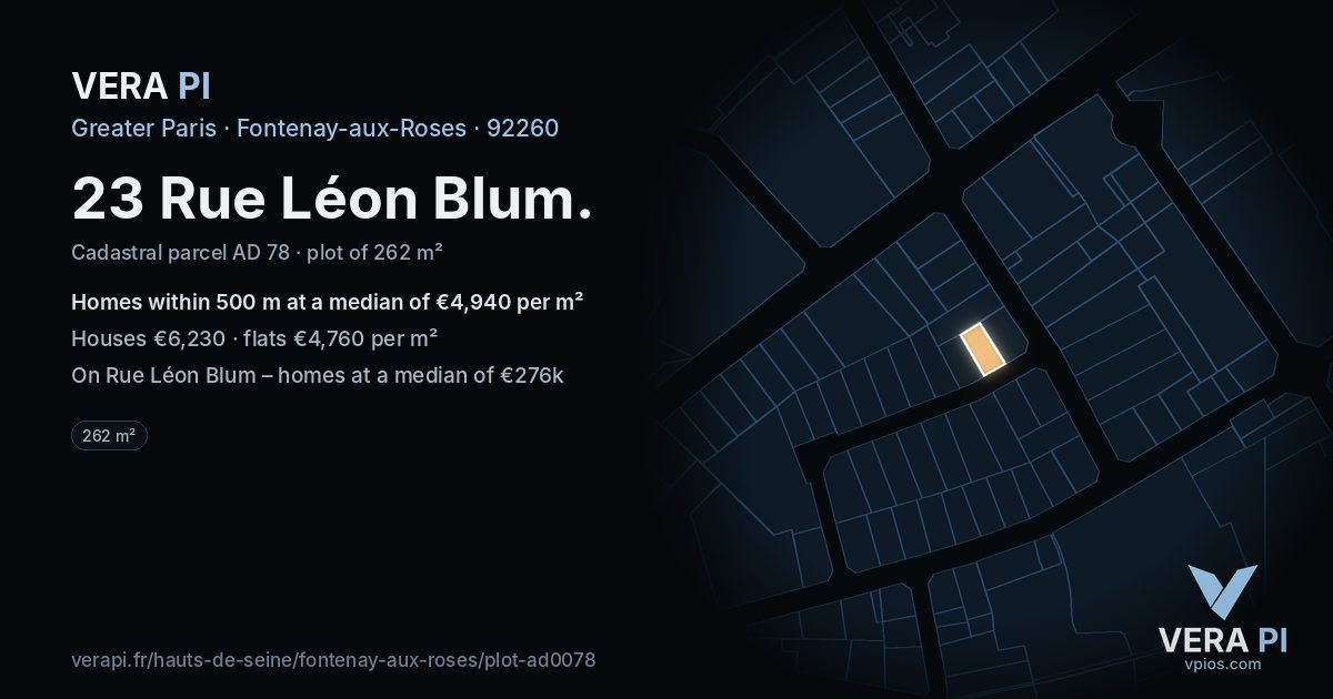 23 Rue Léon Blum, Fontenay-aux-Roses at night – the plot lit, the parcels around coloured by the prices near them
