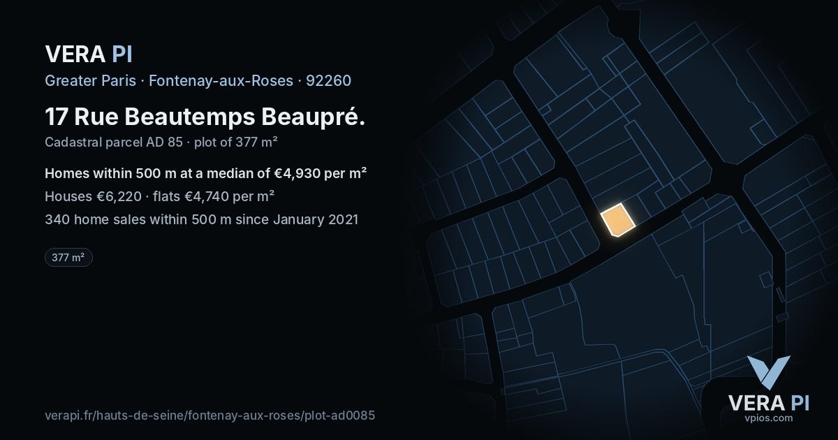 17 Rue Beautemps Beaupré, Fontenay-aux-Roses at night – the plot lit, the parcels around coloured by the prices near them