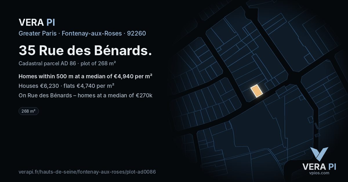 35 Rue des Bénards, Fontenay-aux-Roses at night – the plot lit, the parcels around coloured by the prices near them