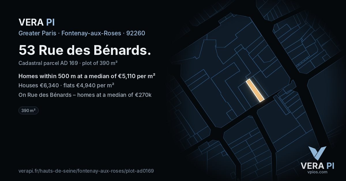 53 Rue des Bénards, Fontenay-aux-Roses at night – the plot lit, the parcels around coloured by the prices near them