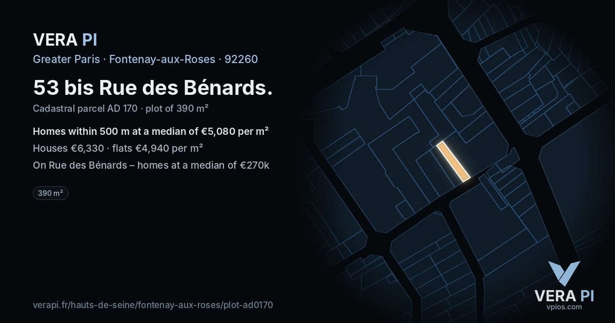 53 bis Rue des Bénards, Fontenay-aux-Roses at night – the plot lit, the parcels around coloured by the prices near them