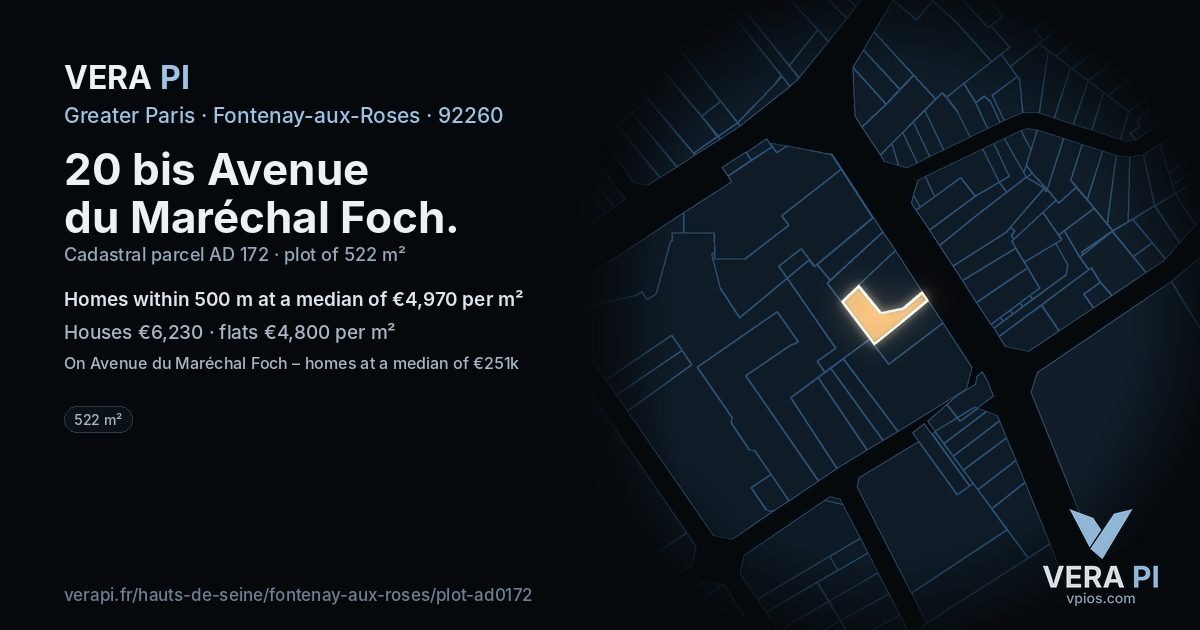 20 bis Avenue du Maréchal Foch, Fontenay-aux-Roses at night – the plot lit, the parcels around coloured by the prices near them
