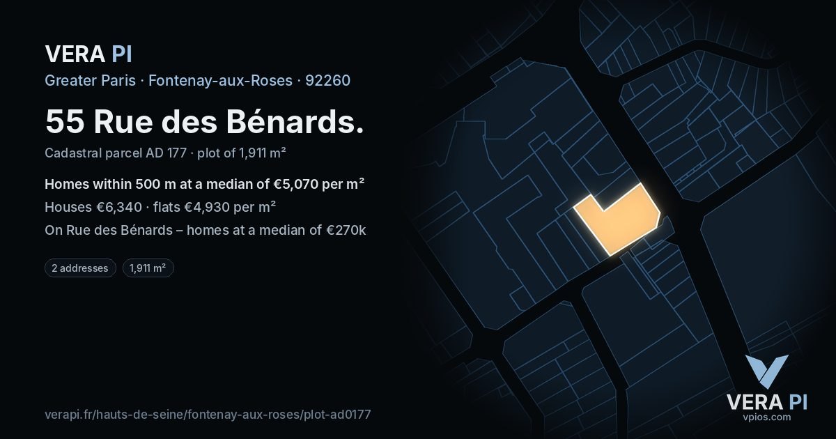 55 Rue des Bénards, Fontenay-aux-Roses at night – the plot lit, the parcels around coloured by the prices near them
