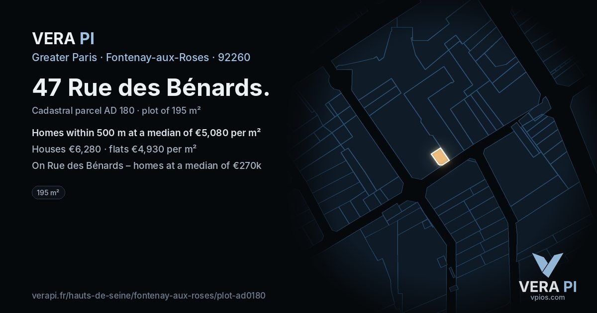 47 Rue des Bénards, Fontenay-aux-Roses at night – the plot lit, the parcels around coloured by the prices near them