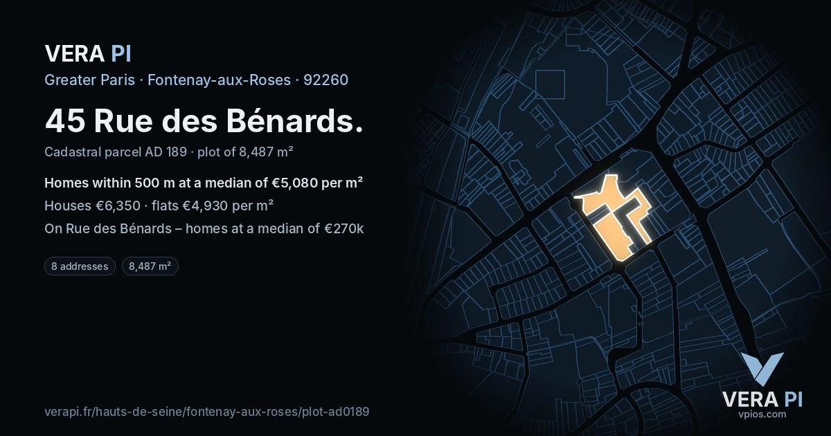 45 Rue des Bénards, Fontenay-aux-Roses at night – the plot lit, the parcels around coloured by the prices near them