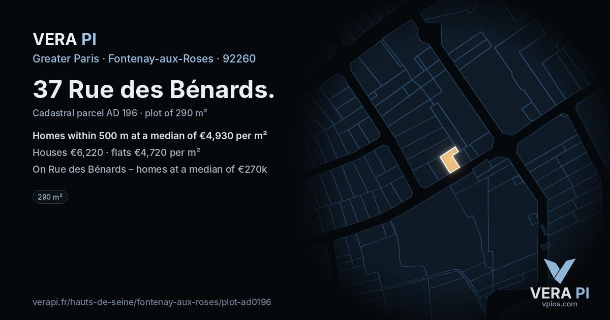 37 Rue des Bénards, Fontenay-aux-Roses at night – the plot lit, the parcels around coloured by the prices near them