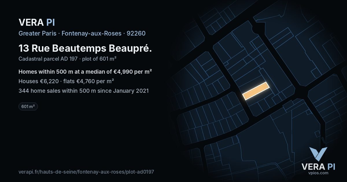 13 Rue Beautemps Beaupré, Fontenay-aux-Roses at night – the plot lit, the parcels around coloured by the prices near them