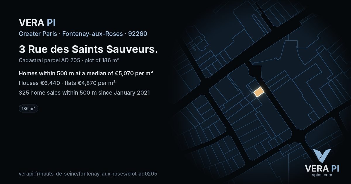 3 Rue des Saints Sauveurs, Fontenay-aux-Roses at night – the plot lit, the parcels around coloured by the prices near them