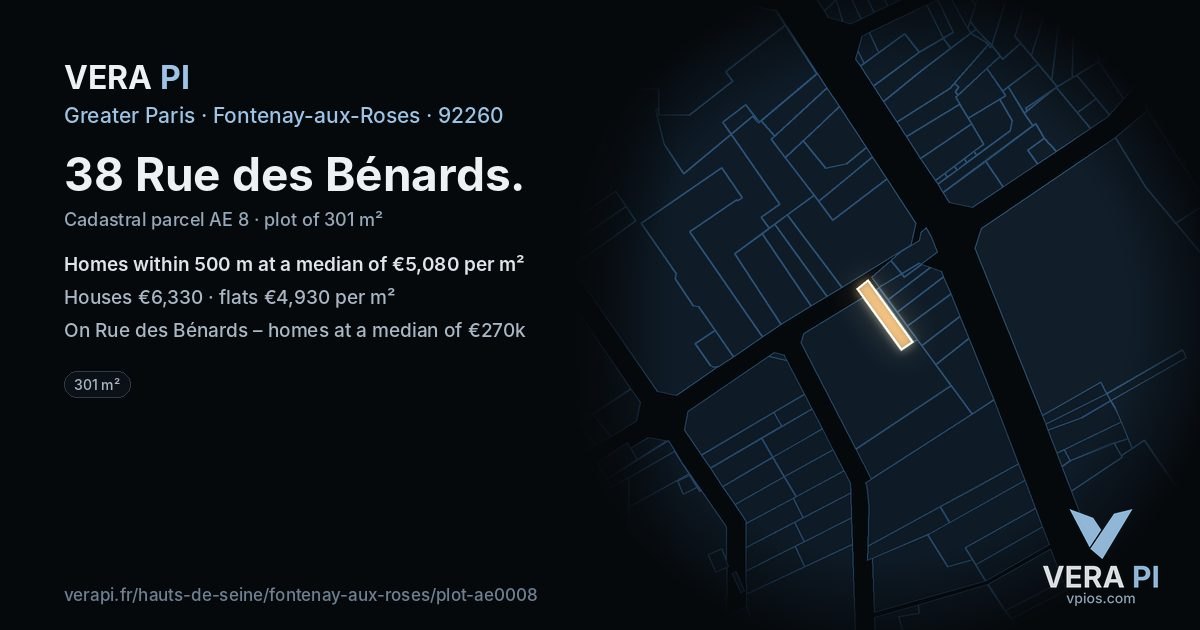 38 Rue des Bénards, Fontenay-aux-Roses at night – the plot lit, the parcels around coloured by the prices near them